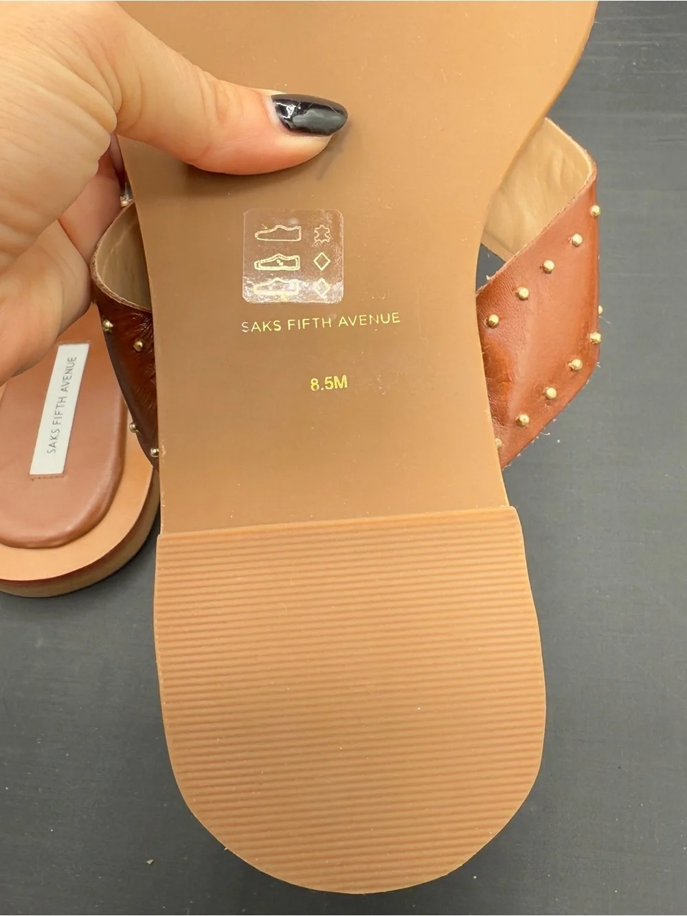 Saks Fifth Avenue Studded Leather Slide Sandals Cognac Boho Luxe 8.5
